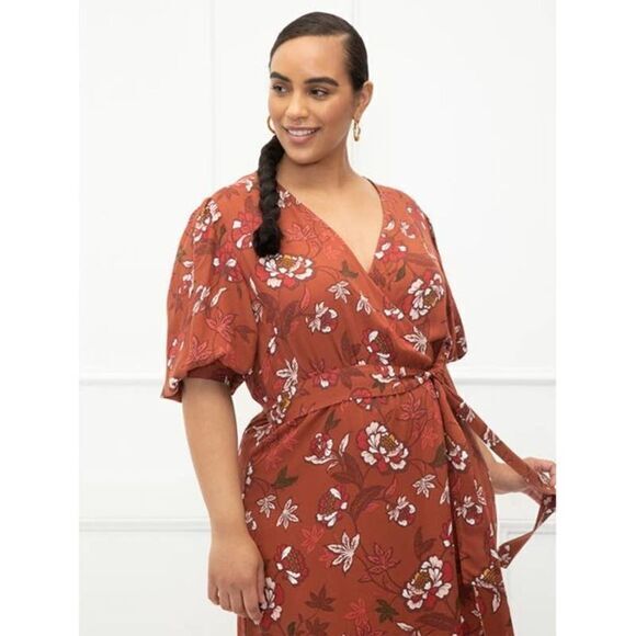NEW Eloquii Elements Floral Print Midi Wrap Dress with Puff Sleeves, 16 - Picture 2 of 16